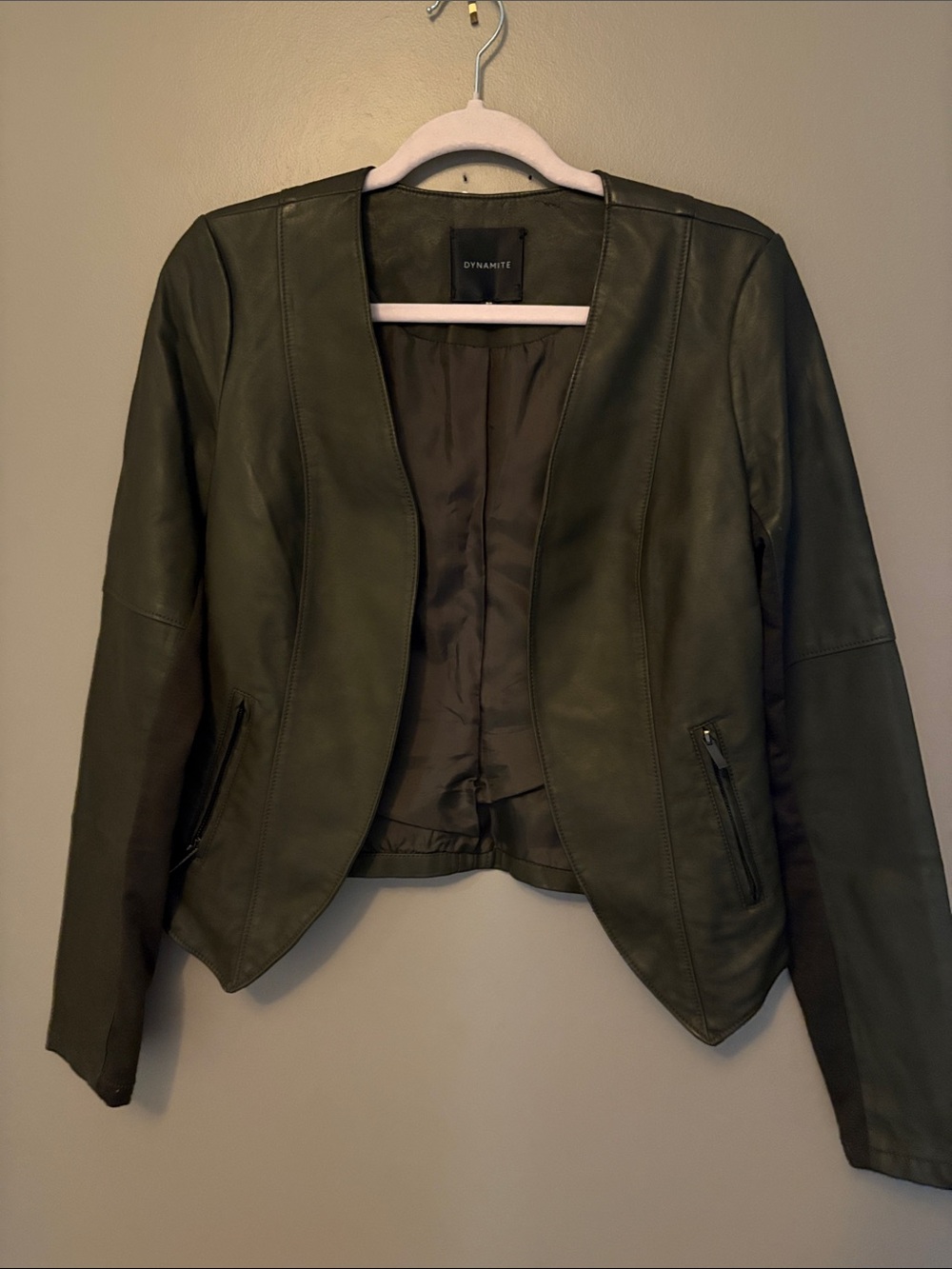 Dynamite Olive Faux Leather Open-Front Jacket